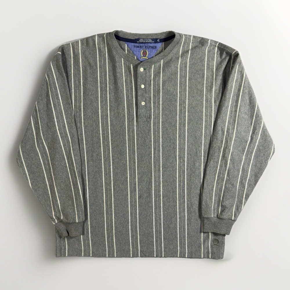 Tommy Hilfiger Mens XL Gray Striped Henley Shirt Long Sleeve 100% Cotton